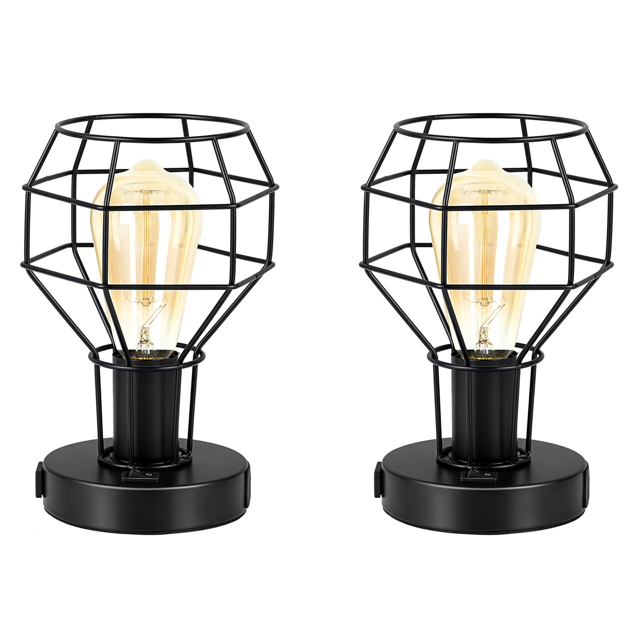 2PCS Industrial Steampunk Table Lamp Vintage Cage Bedside Light with Dual USB Ports & AC Outlet UL-Certified, Portable Nightstand Lamp for Small Spaces